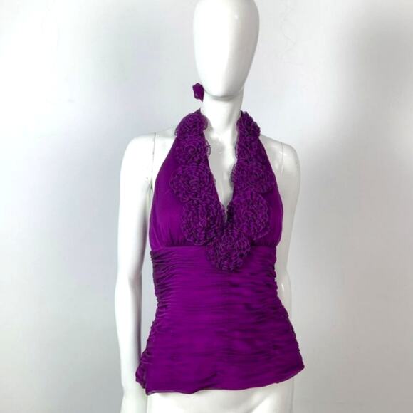 Adrianna Papell Tops - Adrianna Papell Purple Rosette Ruched Halter Top Blouse Size 12